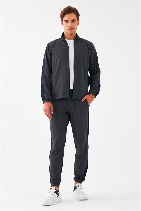 Escetic Koyu Gri Erkek Dik Yaka Spor Likra Kumaş Lastik Paça 4 Cepli YAZLIK Slimfit Spor Eşofman Takımı SL0019