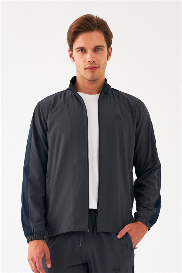 Escetic Koyu Gri Erkek Dik Yaka Spor Likra Kumaş Lastik Paça 4 Cepli YAZLIK Slimfit Spor Eşofman Takımı SL0019