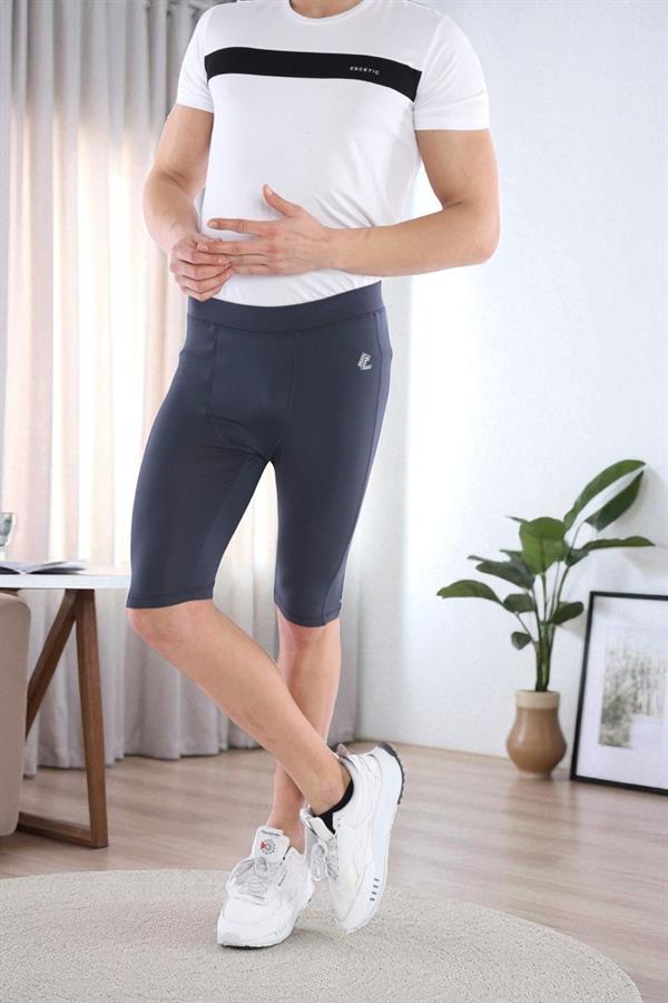 Escetic Koyu Gri Erkek Mikro Dalgıç Kumaş Baskılı Kısa Fitnes Tayt B1130