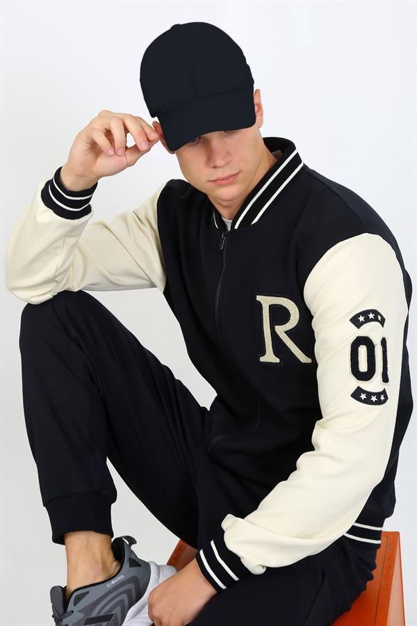 Escetic Lacivert Süper Pamuk Polyester Casual Kalıp Erkek Sweatshirt Hoodie Kolej Sweati TK0070