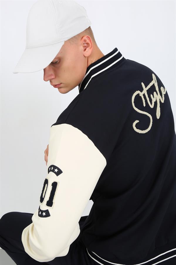 Escetic Lacivert Süper Pamuk Polyester Casual Kalıp Erkek Sweatshirt Hoodie Kolej Sweati TK0070