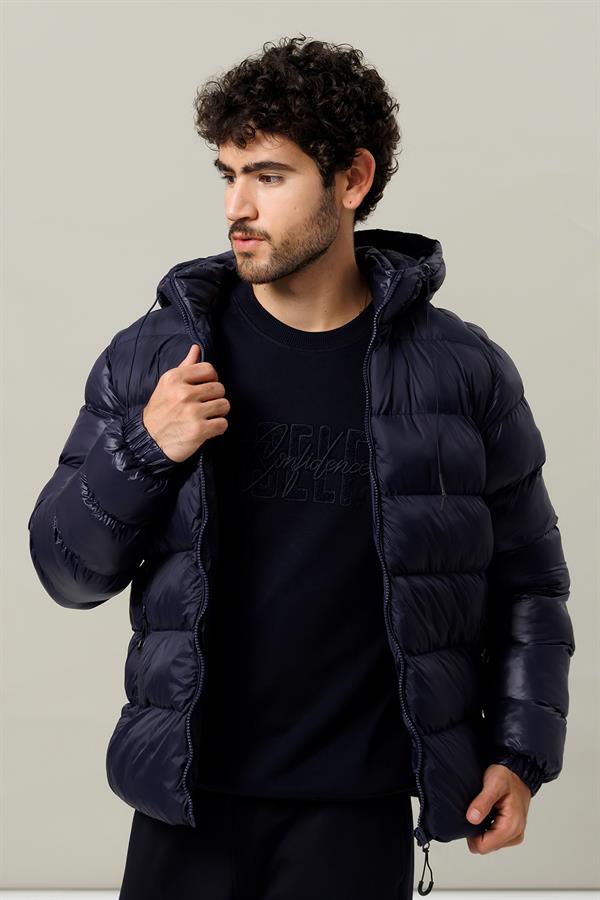 Escetic Lacivert Sabit Kapüşonlu 3 Cepli Su İtici Rüzgar Geçirmez Erkek Şişme Mont 7093
