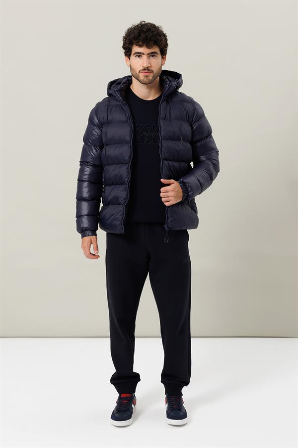 Escetic Lacivert Sabit Kapüşonlu 3 Cepli Su İtici Rüzgar Geçirmez Erkek Şişme Mont 7093