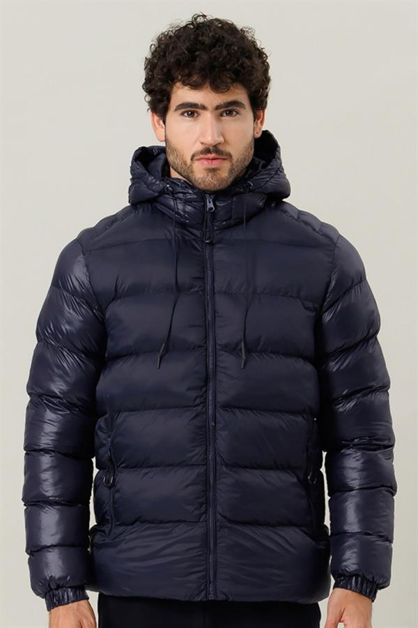 Escetic Lacivert Sabit Kapüşonlu 3 Cepli Su İtici Rüzgar Geçirmez Erkek Şişme Mont 7093