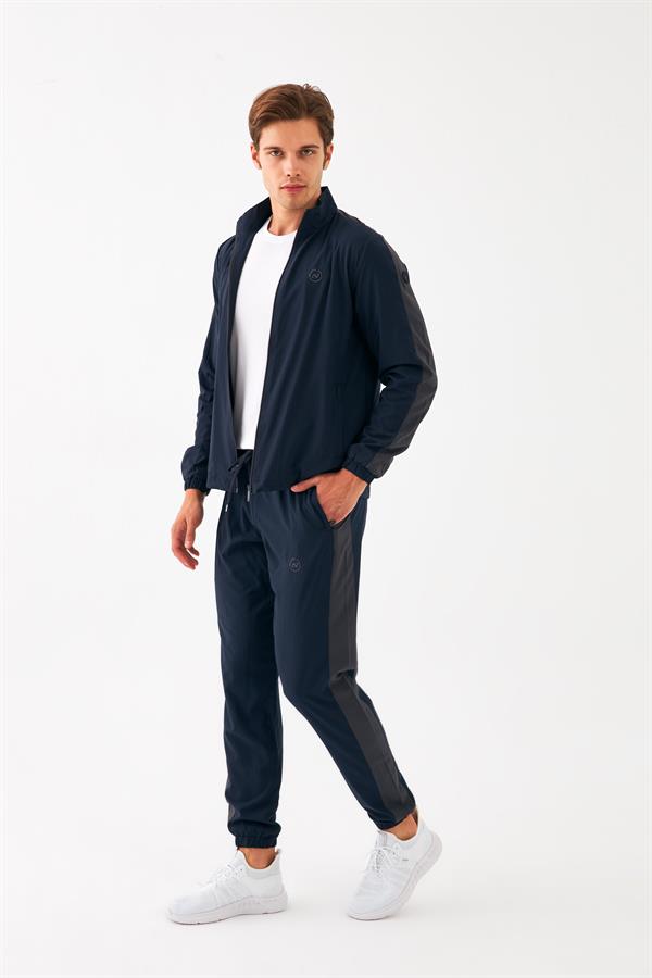 Escetic Lacivert Erkek Dik Yaka Spor Likra Kumaş Lastik Paça 4 Cepli YAZLIK Slimfit Spor Eşofman Takımı SL0019