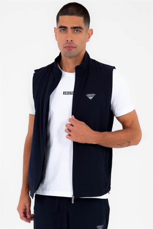 Escetic Lacivert Erkek Dik Yaka Spor Likra Nefes Alabilen 4 Cepli Yazlık Slimfit Yelekli Eşofman Takımı 6921