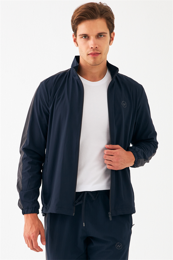 Escetic Lacivert Erkek Dik Yaka Spor Likra Kumaş Lastik Paça 4 Cepli YAZLIK Slimfit Spor Eşofman Takımı SL0019