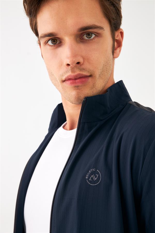 Escetic Lacivert Erkek Dik Yaka Spor Likra Kumaş Lastik Paça 4 Cepli YAZLIK Slimfit Spor Eşofman Takımı SL0019