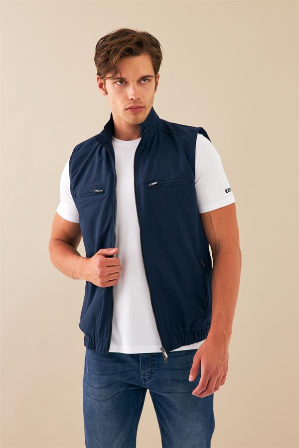 Escetic Lacivert Erkek Nefes Alabilen Pamuklu Flamlı Dokuma Kumaş Keten Spor Yelek 6934