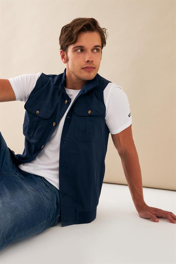 Escetic Lacivert Erkek Nefes Alabilen Pamuklu Flamlı Dokuma Kumaş Keten Spor Yelek 6931