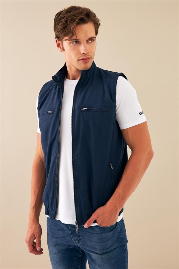 Escetic Lacivert Erkek Nefes Alabilen Pamuklu Flamlı Dokuma Kumaş Keten Spor Yelek 6934