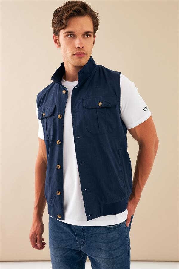 Escetic Lacivert Erkek Nefes Alabilen Pamuklu Flamlı Dokuma Kumaş Keten Spor Yelek 6931