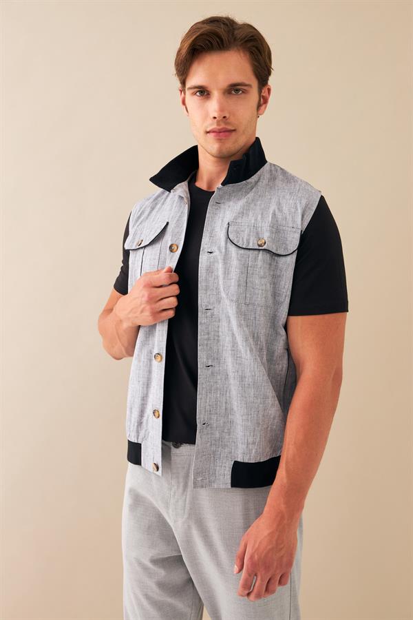 Escetic Siyah Gri Erkek Nefes Alabilen Pamuklu Flamlı Dokuma Kumaş Keten Spor Yelek 6931