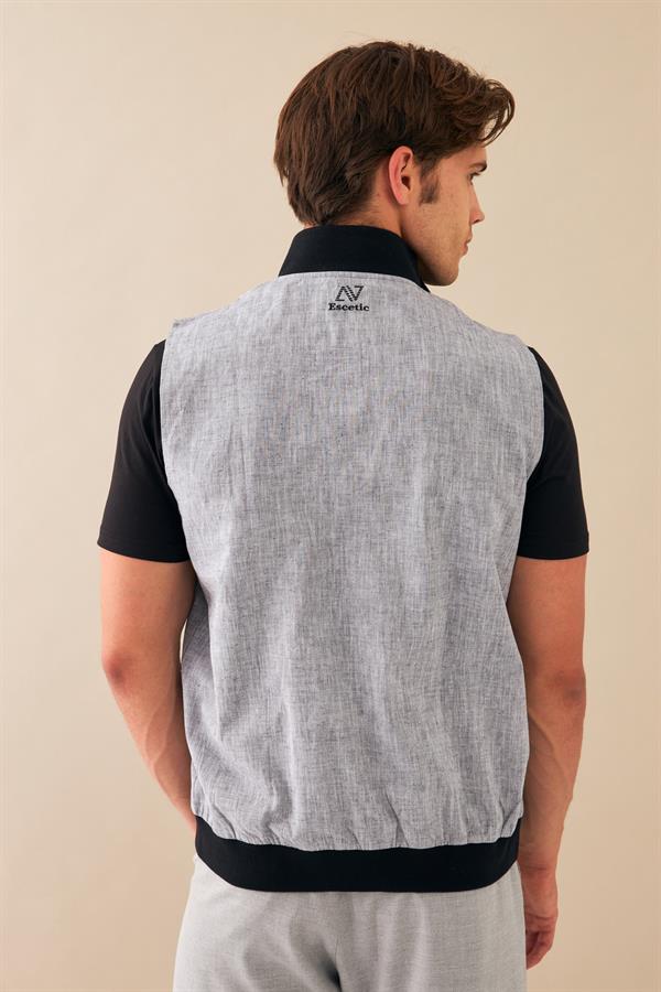 Escetic Siyah Gri Erkek Nefes Alabilen Pamuklu Flamlı Dokuma Kumaş Keten Spor Yelek 6931
