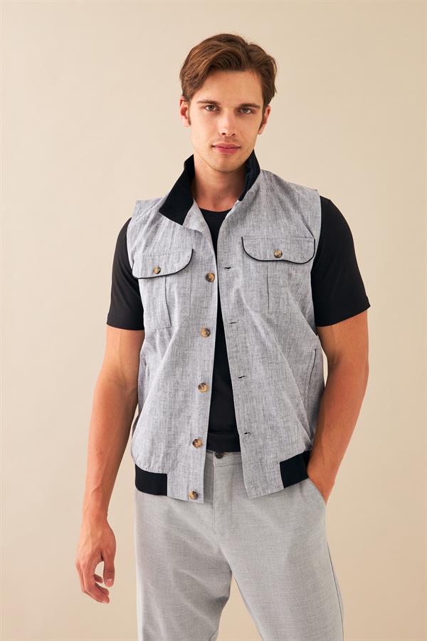 Escetic Siyah Gri Erkek Nefes Alabilen Pamuklu Flamlı Dokuma Kumaş Keten Spor Yelek 6931