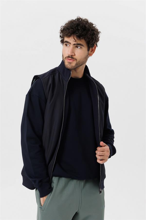 Escetic Lacivert İçi Desenli Astar Kaplı 3 İplik Kalın Oversize Erkek Yelek TK0056