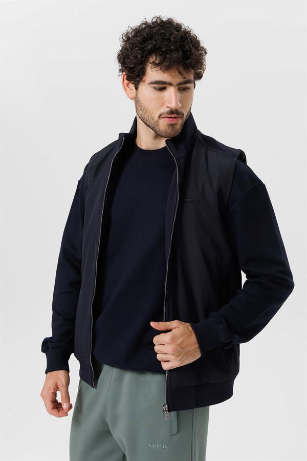 Escetic Lacivert İçi Desenli Astar Kaplı 3 İplik Kalın Oversize Erkek Yelek TK0056