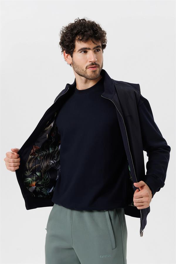 Escetic Lacivert İçi Desenli Astar Kaplı 3 İplik Kalın Oversize Erkek Yelek TK0056