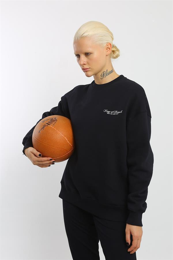 Escetic Lacivert İçi Polarlı 3 İplik Oversize Kadın Sweatshirt T0129