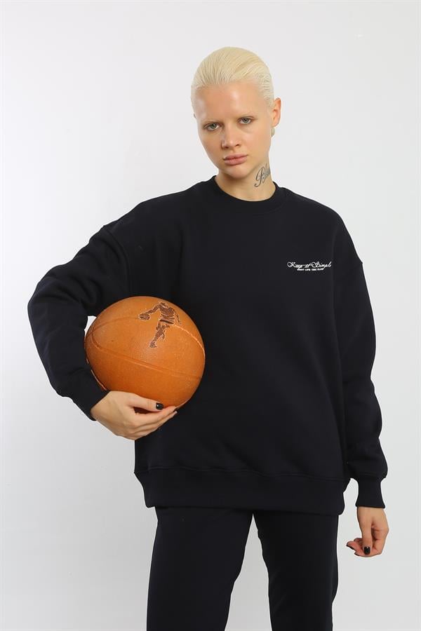 Escetic Lacivert İçi Polarlı 3 İplik Oversize Kadın Sweatshirt T0129