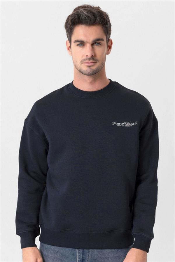 Escetic Lacivert İçi Polarlı 3 İplik Oversize Erkek Sweatshirt T0129
