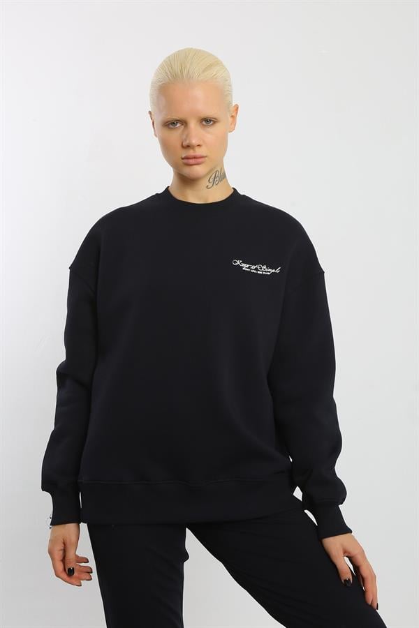 Escetic Lacivert İçi Polarlı 3 İplik Oversize Kadın Sweatshirt T0129