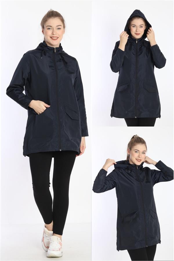 Escetic Lacivert Kadın Çıkarılabilir Kapüşonlu File Astarlı Su İtici Rüzgarlık İnce Ceket 7085