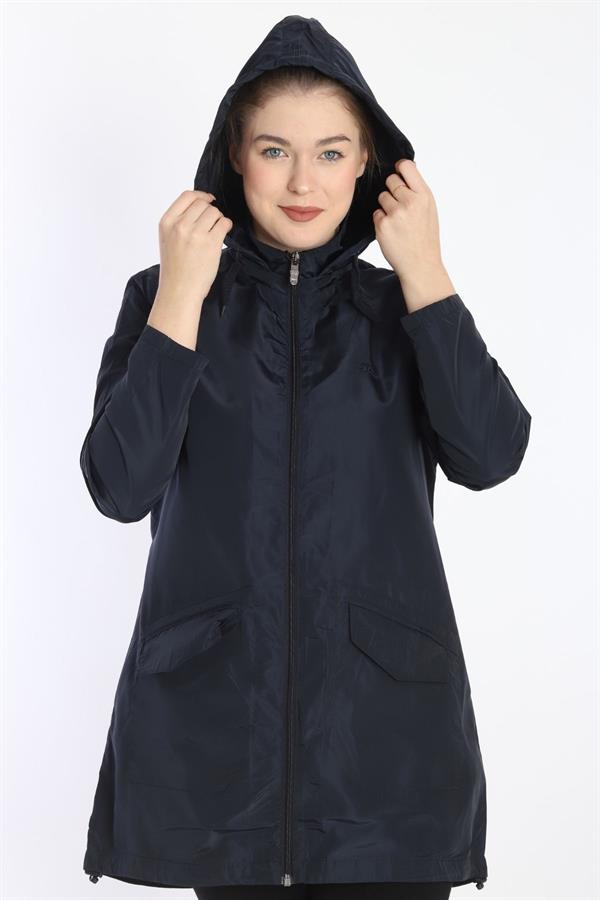 Escetic Lacivert Kadın Çıkarılabilir Kapüşonlu File Astarlı Su İtici Rüzgarlık İnce Ceket 7085