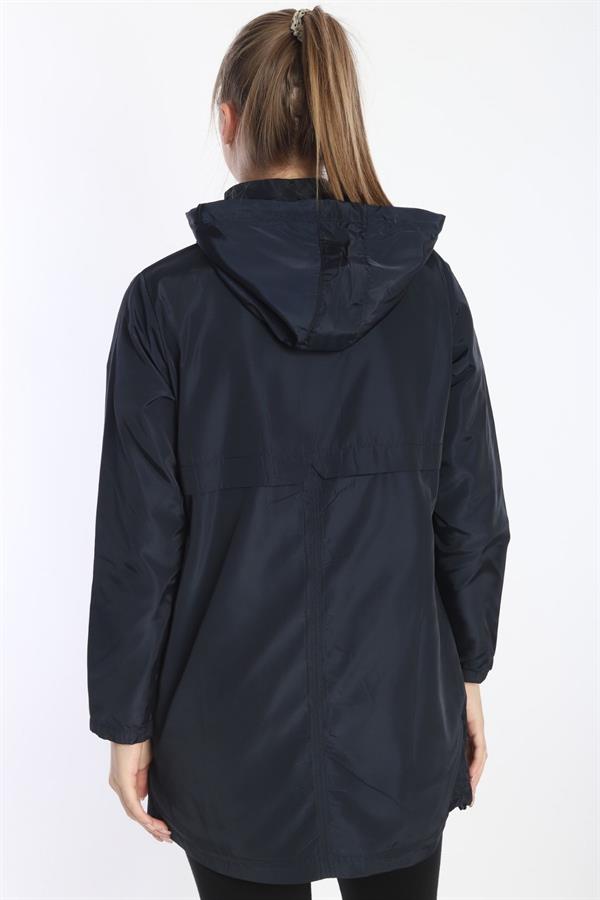 Escetic Lacivert Kadın Çıkarılabilir Kapüşonlu File Astarlı Su İtici Rüzgarlık İnce Ceket 7085