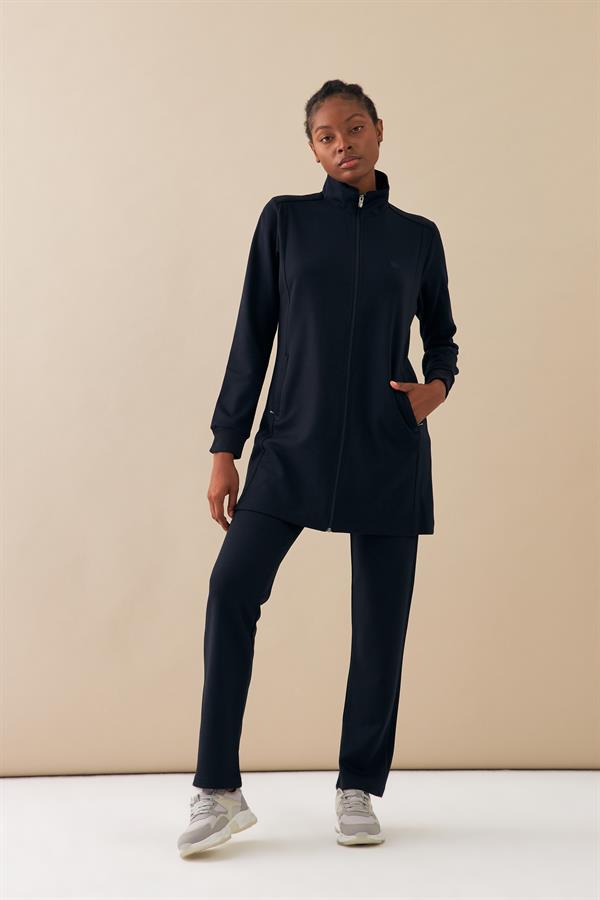 Escetic Lacivert Kadın Dik Yaka Nefes Alabilen 2 İplik 4 Mevsim Spor Tunik Eşofman Takım 6725