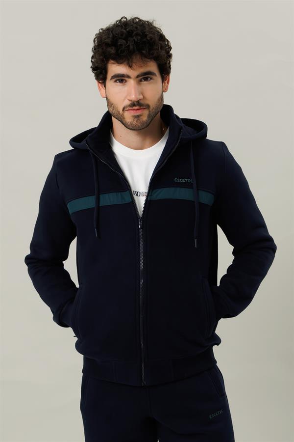 Escetic Lacivert Yeşil Casual Kalıp Şardonlu 370 Gram 3 İplik Kumaş 4 Cepli Erkek Eşofman Takımı TK0078