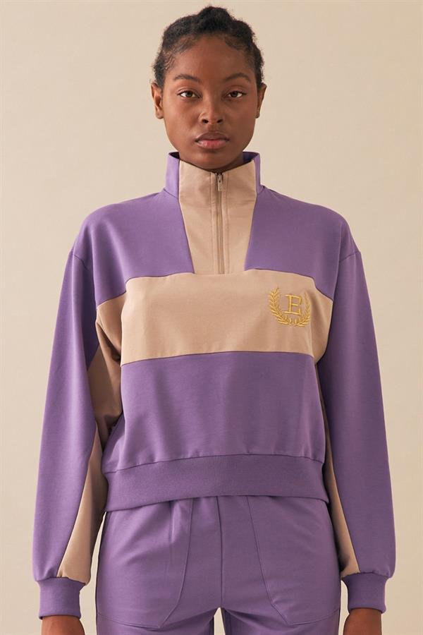 Escetic Lila Kadın Casual Dik Yaka Nefes Alan 2 İplik 4 Mevsim Spor Eşofman Takımı A3132