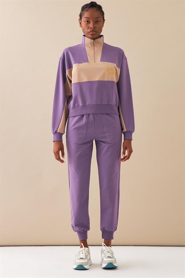 Escetic Lila Kadın Casual Dik Yaka Nefes Alan 2 İplik 4 Mevsim Spor Eşofman Takımı A3132