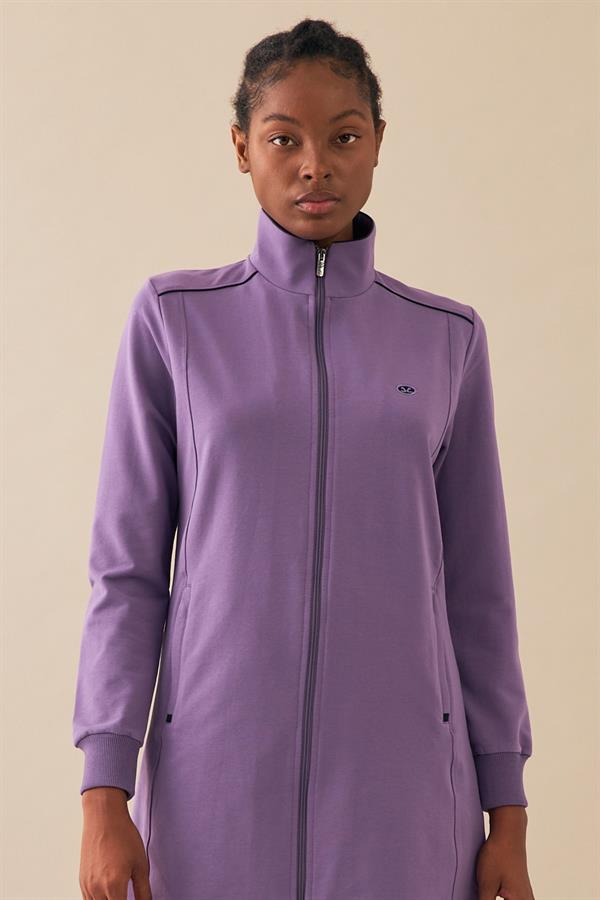 Escetic Kadın Lila Dik Yaka Fermuarlı Cepli 2 İplik Spor Tunik Eşofman Takımı 6725