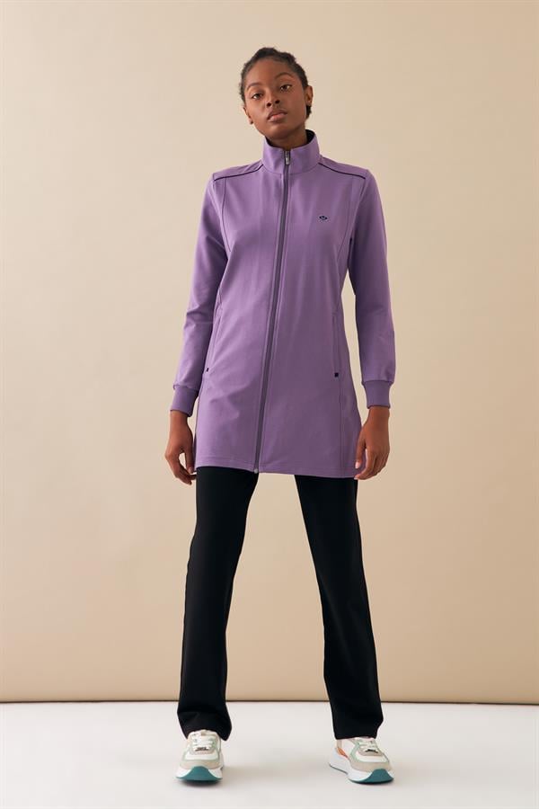 Escetic Kadın Lila Dik Yaka Fermuarlı Cepli 2 İplik Spor Tunik Eşofman Takımı 6725