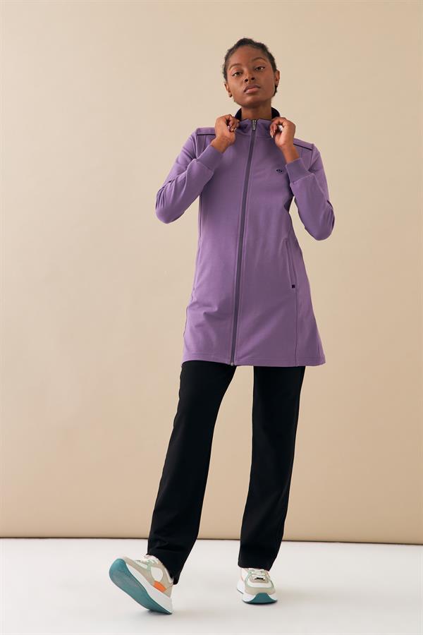 Escetic Kadın Lila Dik Yaka Fermuarlı Cepli 2 İplik Spor Tunik Eşofman Takımı 6725