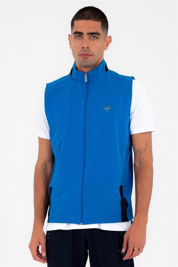 Escetic Mavi Erkek Dik Yaka Spor Likra Nefes Alabilen 4 Cepli Yazlık Slimfit Yelekli Eşofman Takımı 6921
