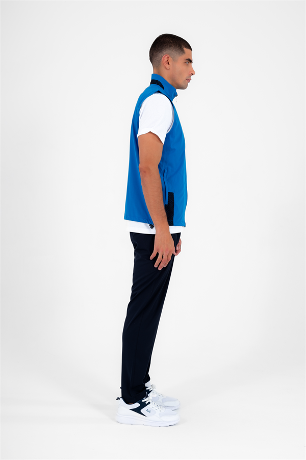 Escetic Mavi Erkek Dik Yaka Spor Likra Nefes Alabilen 4 Cepli Yazlık Slimfit Yelekli Eşofman Takımı 6921