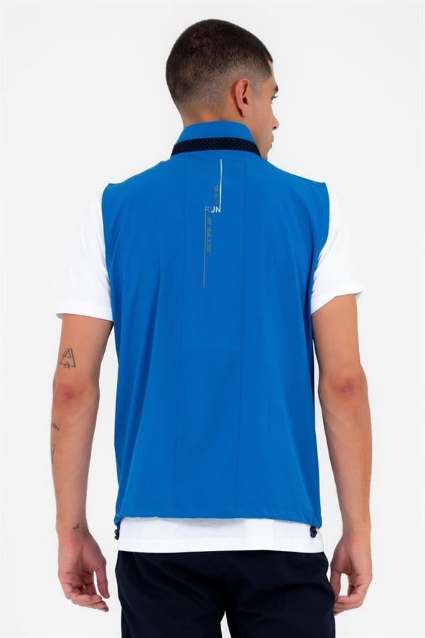 Escetic Mavi Erkek Dik Yaka Spor Likra Nefes Alabilen 4 Cepli Yazlık Slimfit Yelekli Eşofman Takımı 6921