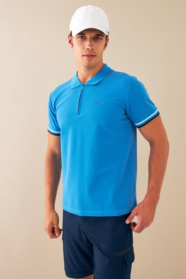 Escetic Mavi Erkek Regular Kalıp ABD Pike Nefes Alabilen Polo Yaka T-Shirt T0080