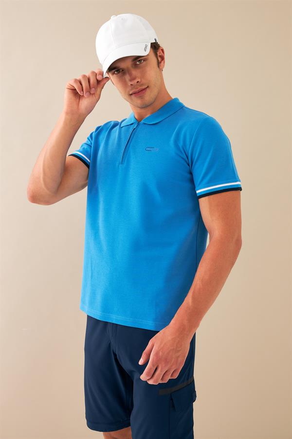 Escetic Mavi Erkek Regular Kalıp ABD Pike Nefes Alabilen Polo Yaka T-Shirt T0080