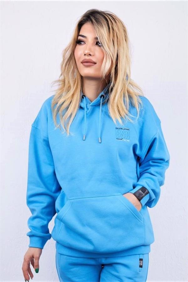 Escetic Mavi Unisex 3 İplik Polarlı Kışlık Oversize Sweatshirt A3057