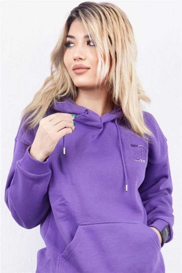 Escetic Mor Unisex 3 İplik Polarlı Kışlık Oversize Sweatshirt A3057