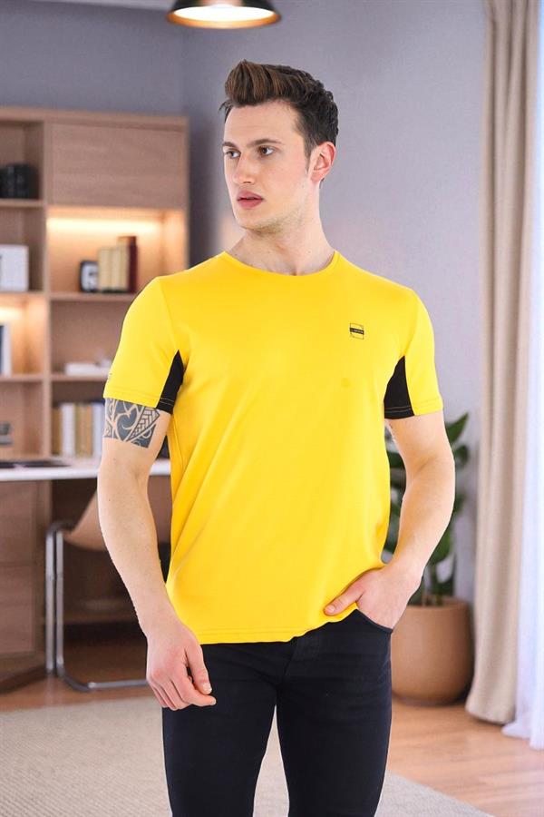 Escetic Sarı Erkek Ragular Kalıp Pamuklu ABD Pike Nefes Alabilen Spor T-Shirt 0829