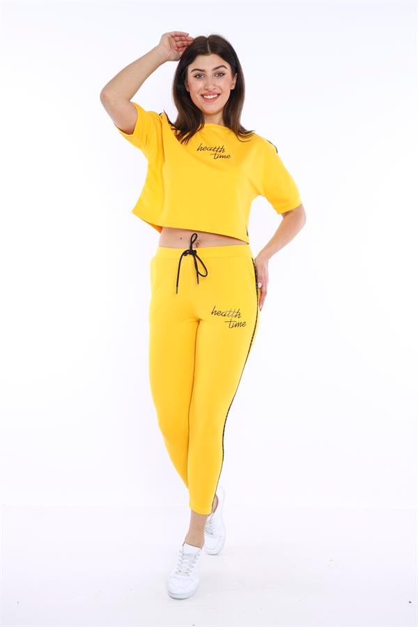Escetic Sarı Kadın Tshirt Takım Nefes Alan Pamuklu ABD Pike Kumaş A3000
