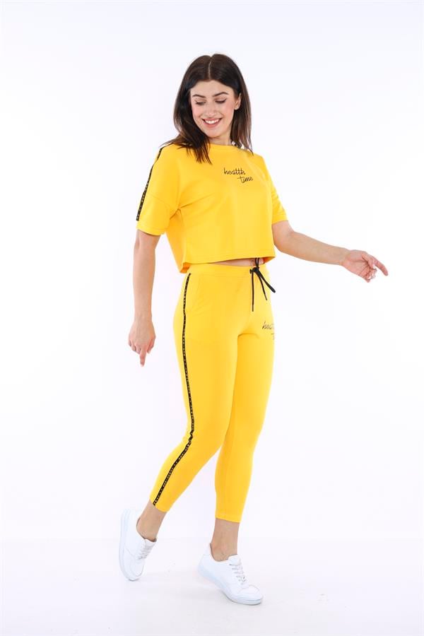 Escetic Sarı Kadın Tshirt Takım Nefes Alan Pamuklu ABD Pike Kumaş A3000