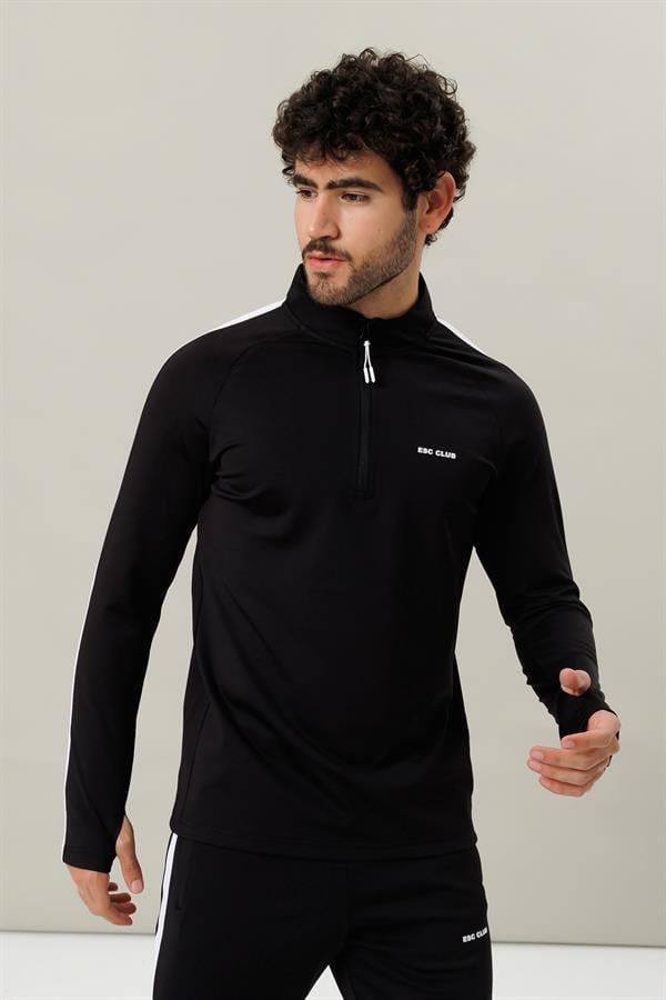 Escetic Siyah 2 Cepli Dik Yaka 4 Mevsim Micro Şardonlu Dalgıç Kumaş Slimfit Erkek Eşofman Takımı A3139