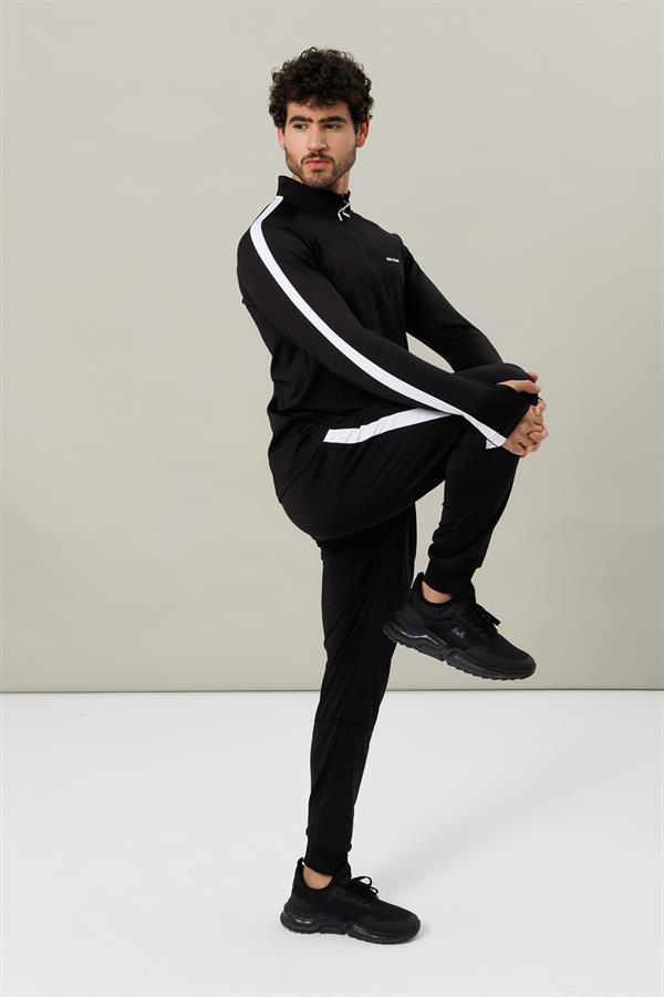 Escetic Siyah 2 Cepli Dik Yaka 4 Mevsim Micro Şardonlu Dalgıç Kumaş Slimfit Erkek Eşofman Takımı A3139