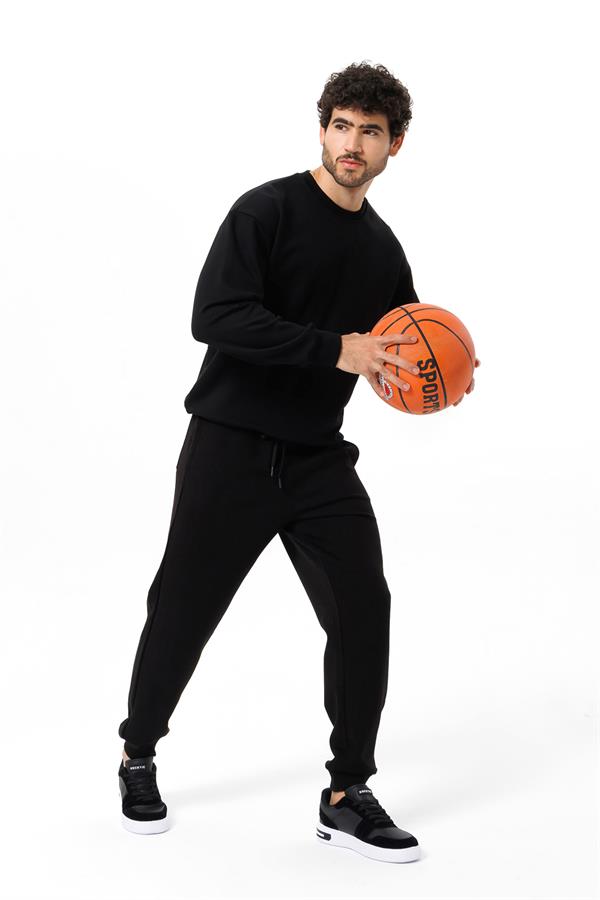 Escetic Siyah 4 Mevsim Doubleface Kumaş Spor Erkek Eşofman Altı Rahat Regular Kalıp B1575