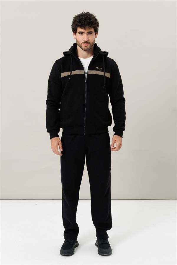 Escetic Siyah Casual Kalıp Şardonlu 370 Gram 3 İplik Kumaş 4 Cepli Erkek Eşofman Takımı TK0078